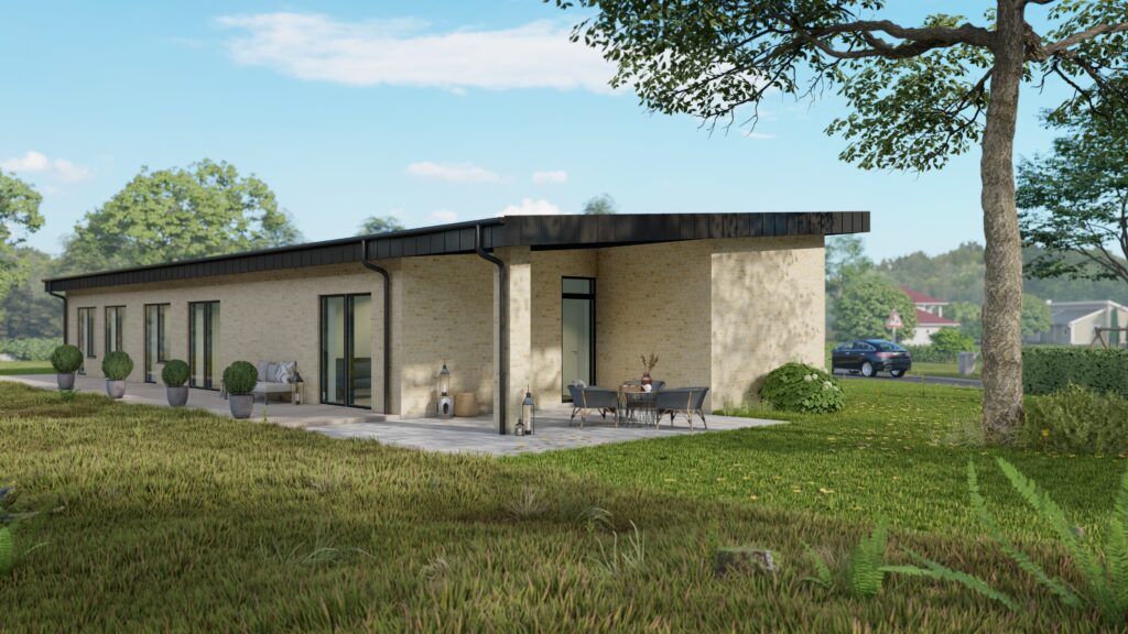3D Visualisering af et Lys og moderne nybygget hus.